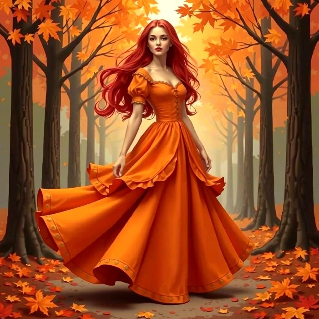 Surreal Autumn Goddess in Vibrant Art Nouveau Style