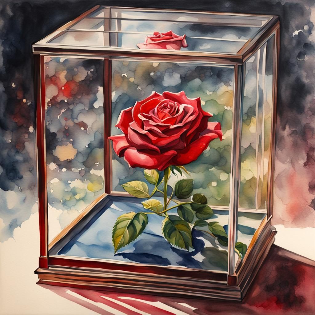 Hyperrealistic Watercolor Rose in Display Case