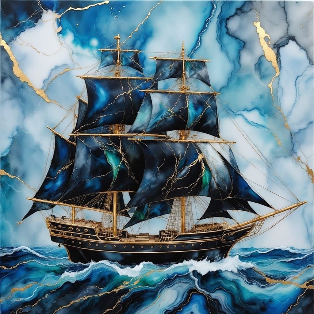 <lora:Marble Intensity:1.0> Alcohol ink watercolor Black ship with black sails, gray marble merging through, silver strikes, wavy blue water...