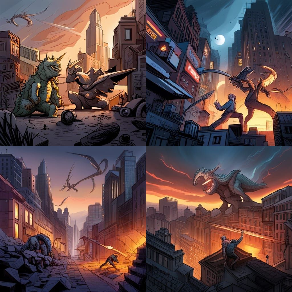 Draw a scene of two monsters fighting. The first is a hybrid...