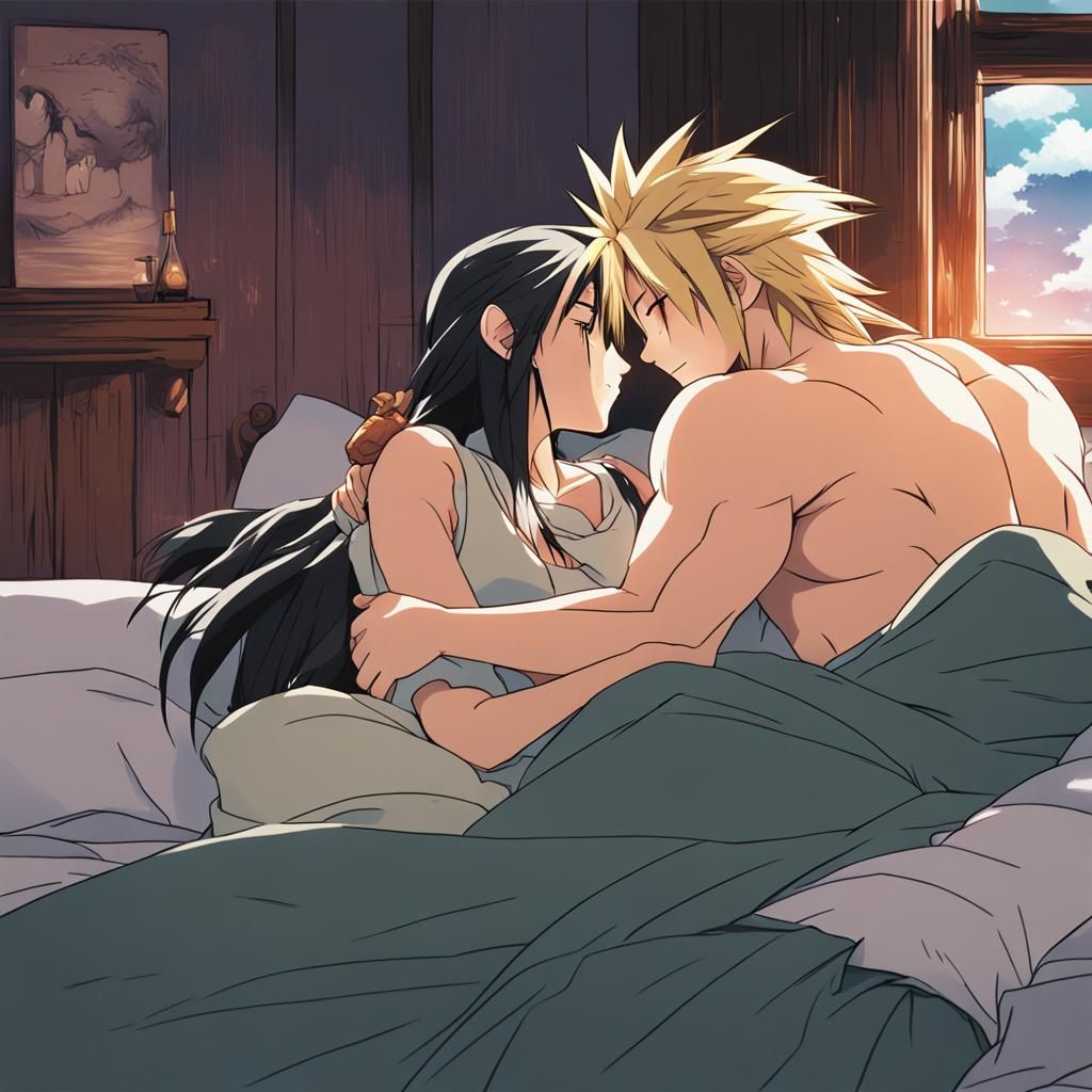 Anime-Style Pregnant Couple Cuddling in Bed