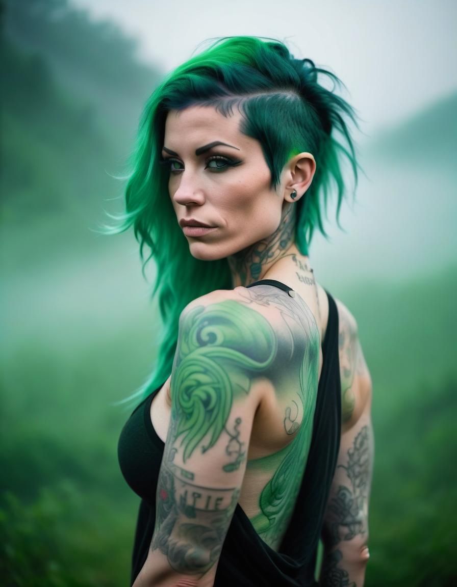 A beautiful muscular tattooed women with green hair,shrouded...
