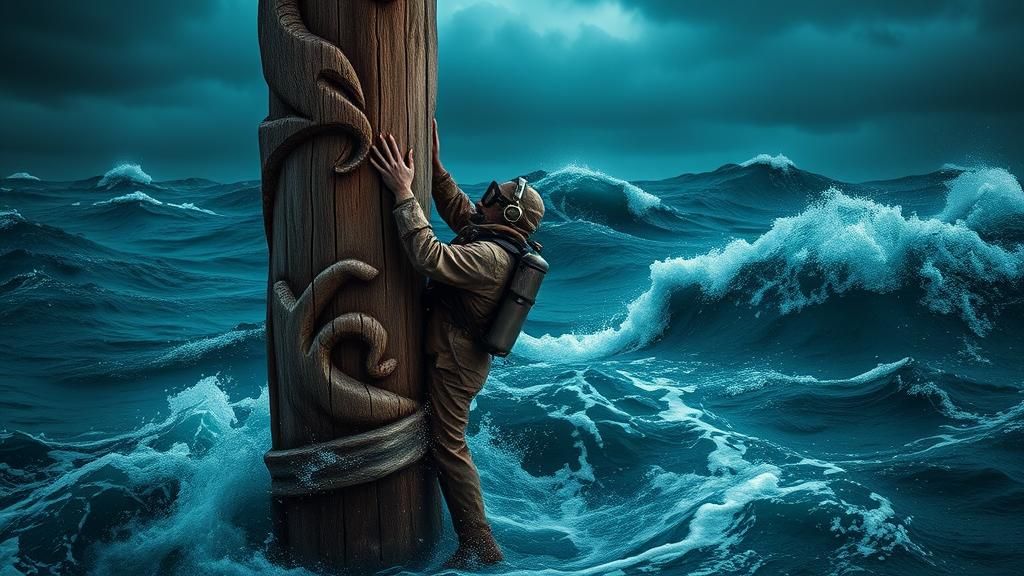 A lone figure in worn, weathered diving gear, clinging to the wooden totem in the midst of a colossal, turbulent ocean, the water a deep, ri...