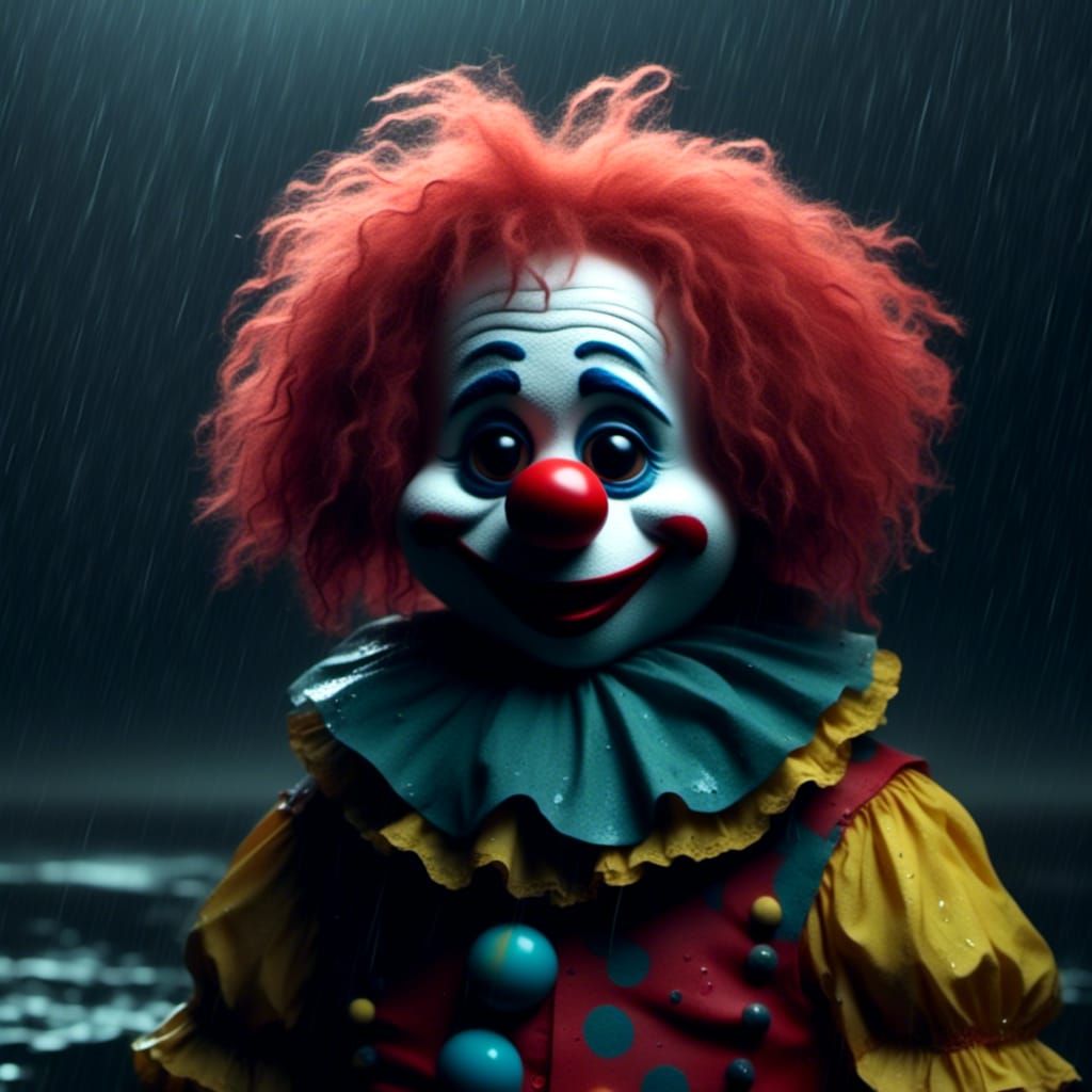  <lora:Adorable Reactions 2:1.0> a sad clown in the rain