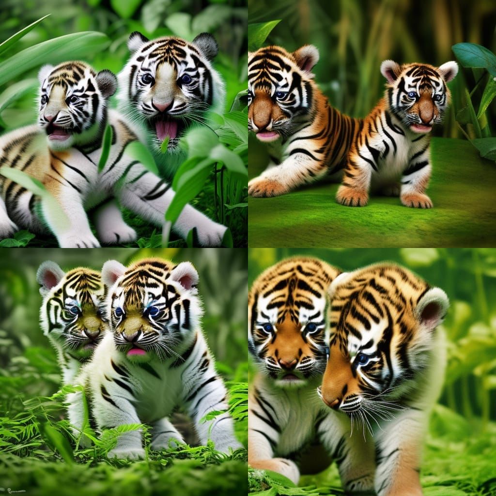 baby whit tiger cub in the  green jungle intricate details, ...