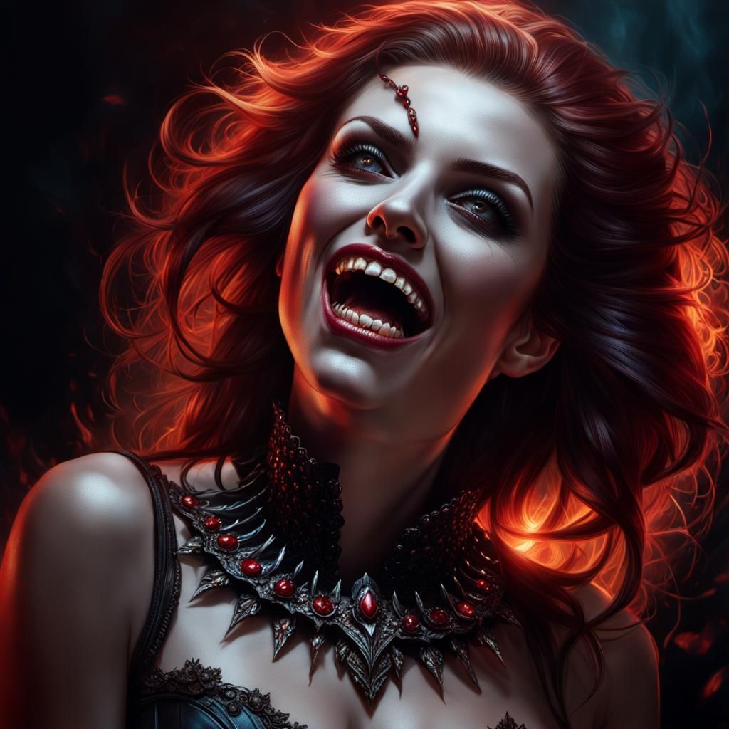 A horrific beautiful vampire woman with sharp vampire teeth ready to ...