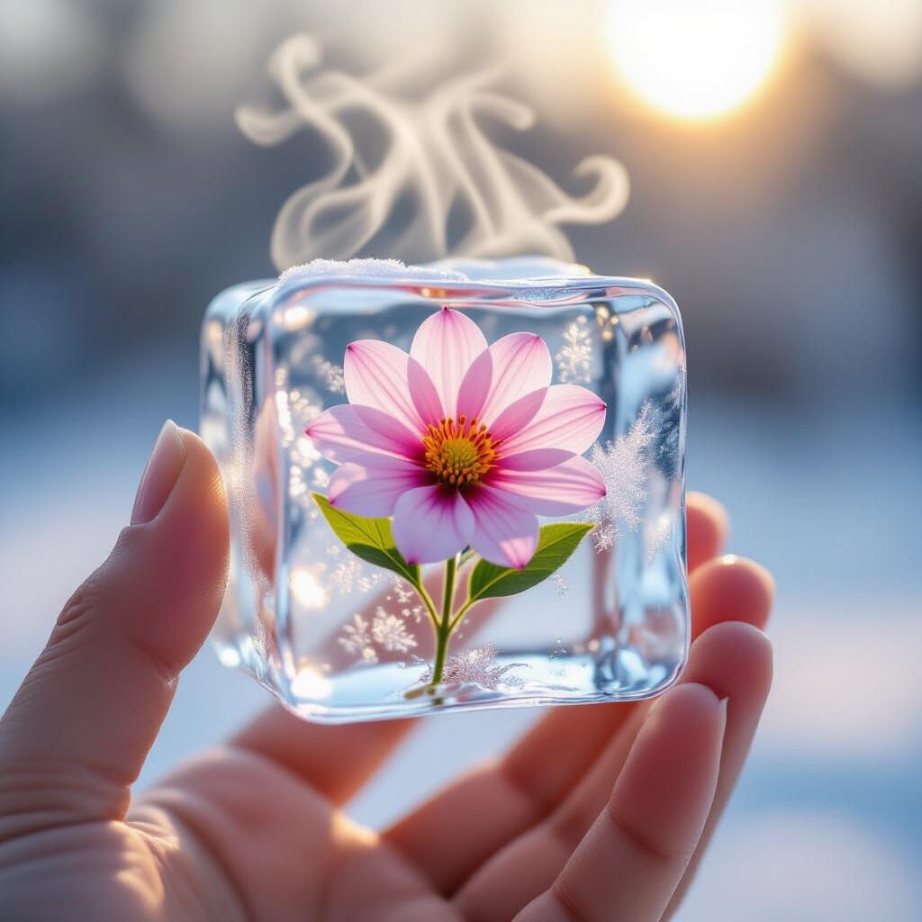Hand Holds Ice Cube with Blooming Flower Frozen Within