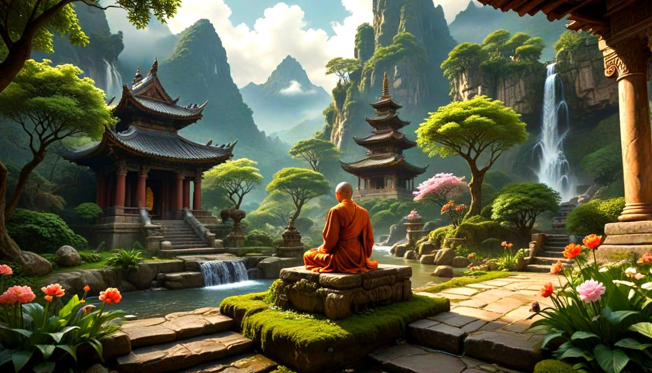 The Most Relaxing Place A serene landscape depicting an ancient temple complex flanking a large waterfall, which plunges into a tranquil poo...