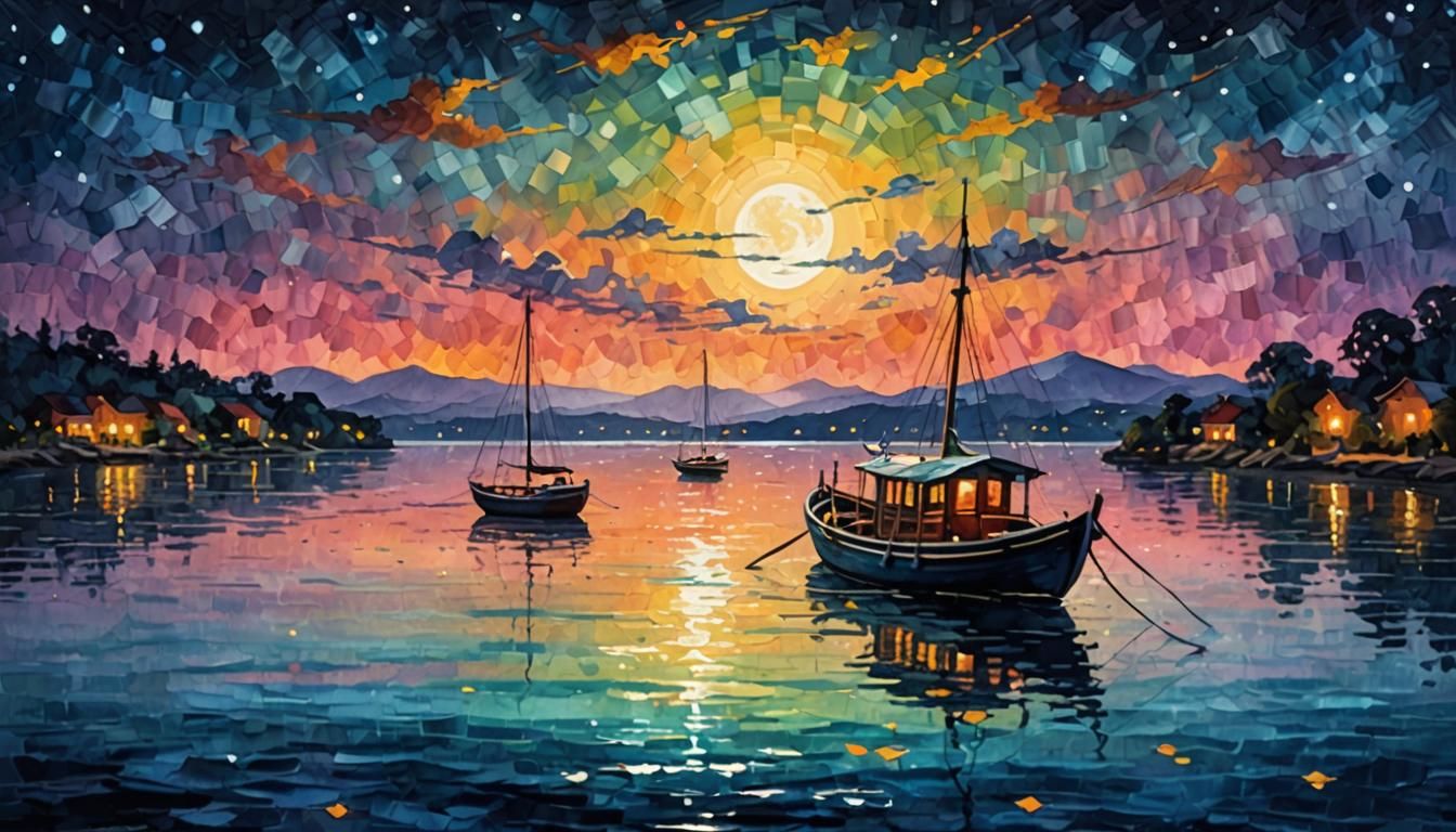 Impasto Painting, Beautiful boat on sparkling moonlit waters. Nighttime Digital watercolor Illustration of a summerscape sunset  by @undefined