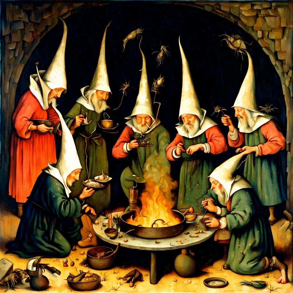 Hieronymus Bosch style: Wizards gather around a cooking fire...