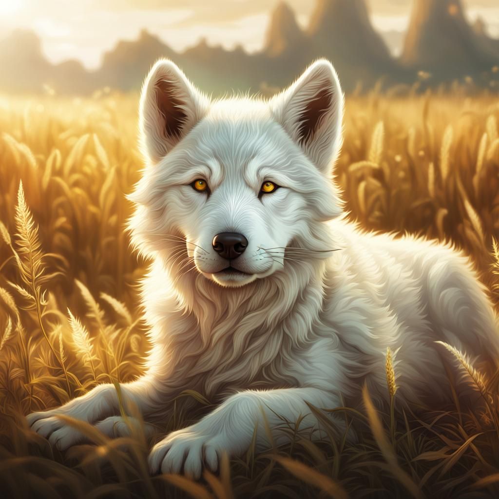 White wolf pup with cream highlights 
 and amber eyes laying...