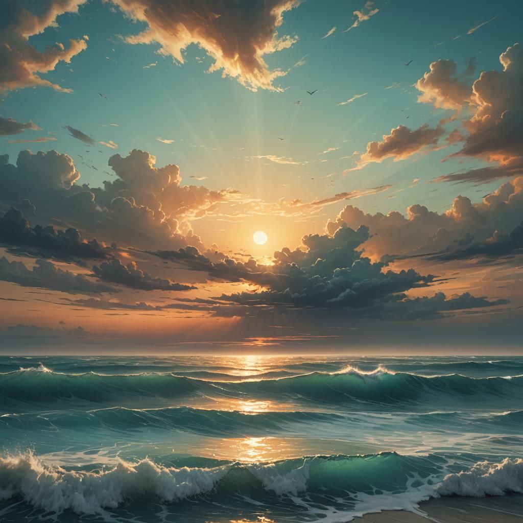 Breathtaking Sunset Over Turquoise Sea, Fantasy Art