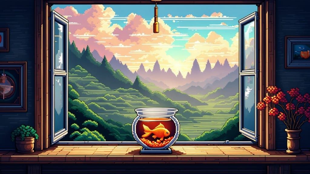 <lora:Bit Code Breaker:1.0> Pixel art, 8 bit, gold fish in bowl on window sill, light shafts Ultrafine, 
