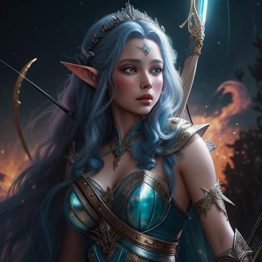 (DreamShaper v8) Elven princess with bow and arrow, moonlight, glowing skin, fire and lightning fight by Magda Archer, ...  by @vixyna