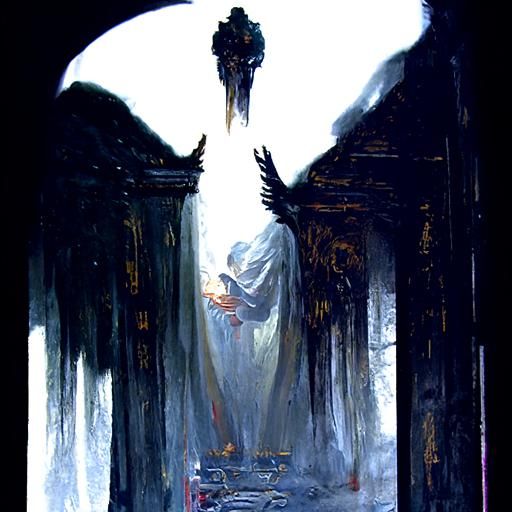 Angel with arched wings praying at a dark altar