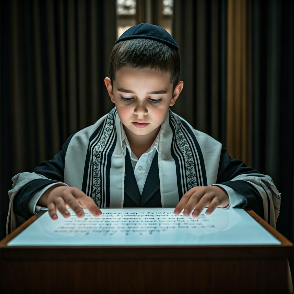 Young Boy Reads from Screen Table: Cinematic Still