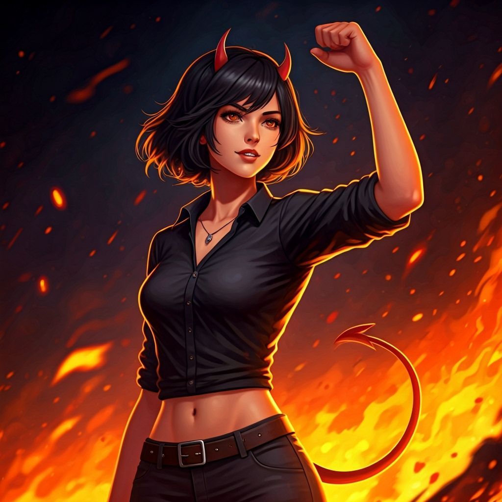 Anime Woman with Fiery Devil Hand and Tail