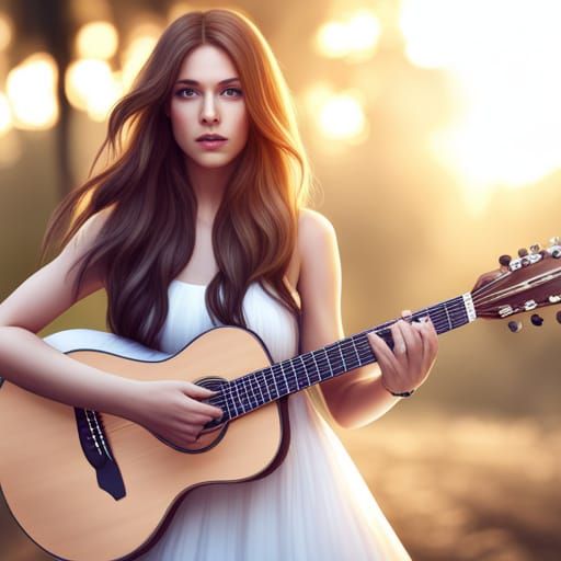 girl with brown long wavy hair with guitar. photo realistic....