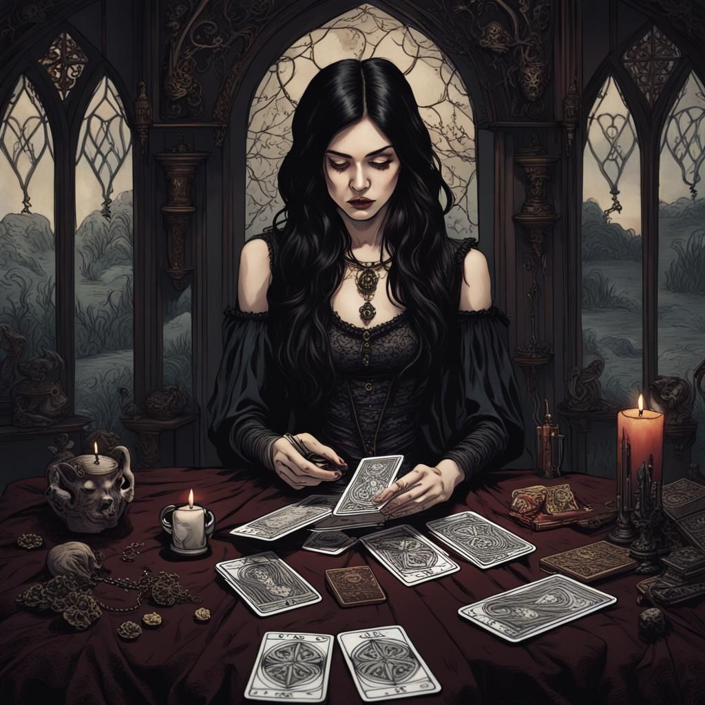 A beautiful woman, dark hair, sitting at a table reading a tarot card ...