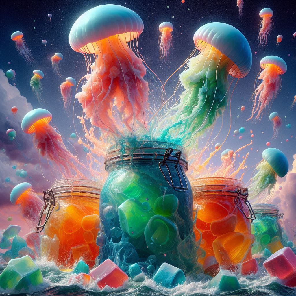 Jumpy jellyfish juggle jade jellies joyfully in jagged jars.
