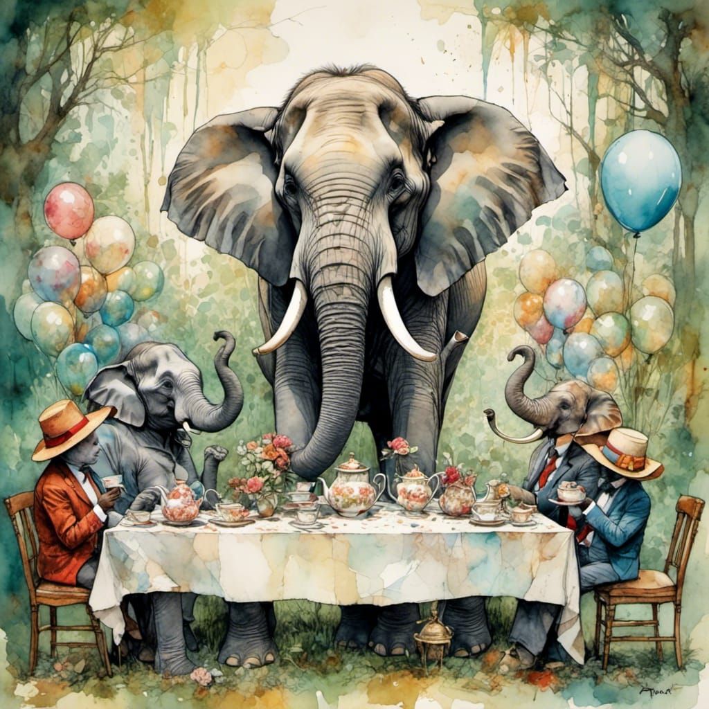 <lora:MMM:1.0> A surreal elephant tea party