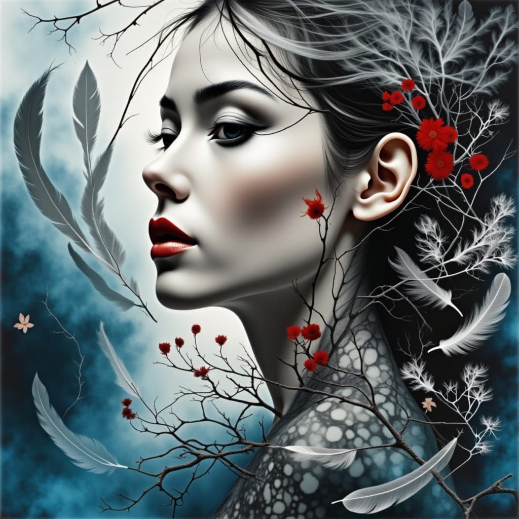 <lora:RBW:1.0> Photgram rayograph, feathers, , branches and flowers in  in red, black and white