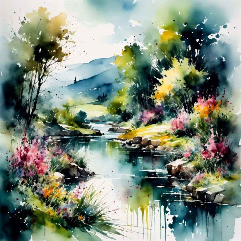 ( <lora:LushWatercolor:1.0> 1) Watercolor water landscape   by @GreenNails 
