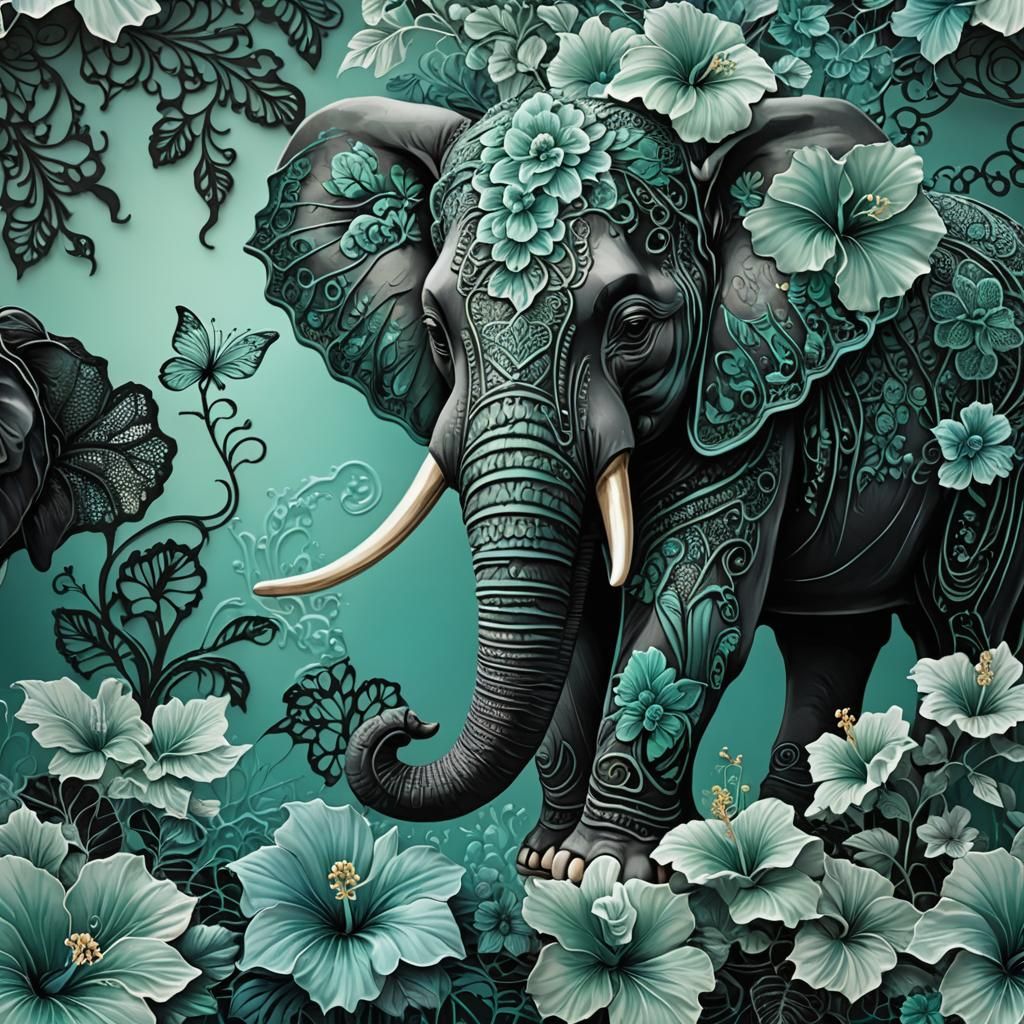 waterfall iridecent aqua green black mint blue lace hibiscus...