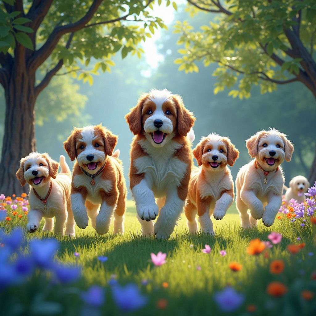 Male and female sheepadoodle dogs with short haired St. Bern...