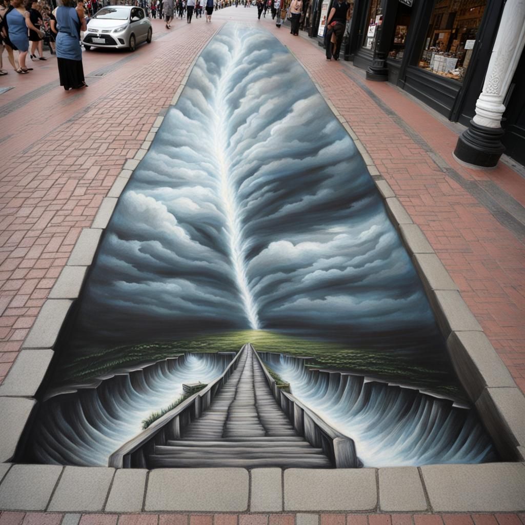 3d Pavement Art Of A Tornado Coming Out Of The Ground, Anamorphic Art ...