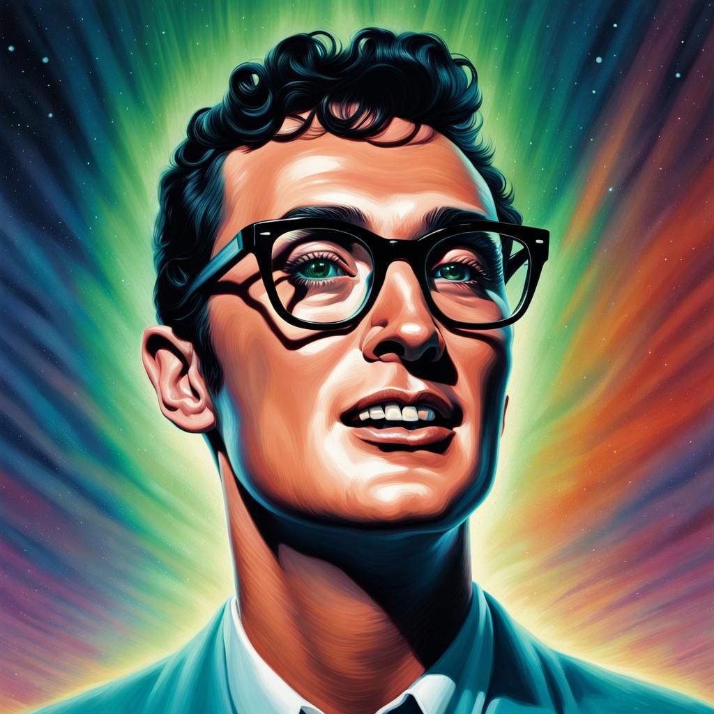 A portrait of Buddy Holly with colours of Aurora Borealis