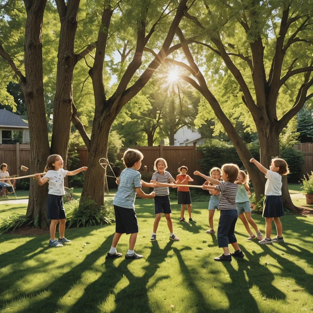 A nostalgic scene of children playing an elastic game in a s...