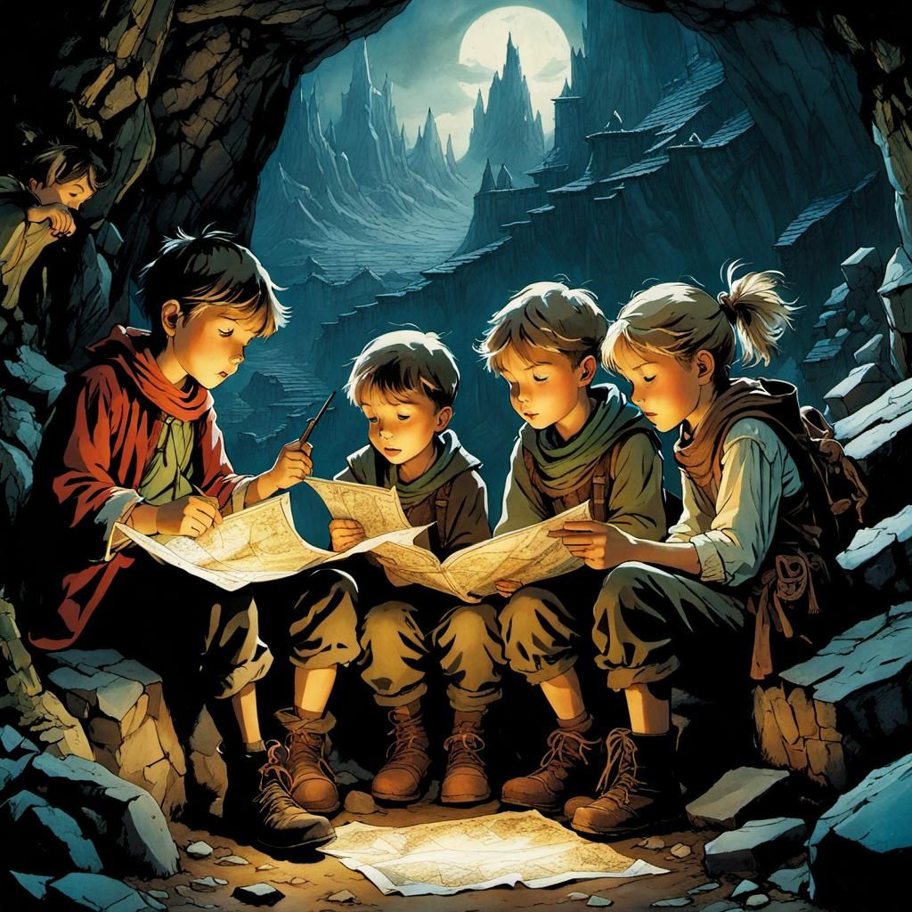 The four little siblings read a treasure map together in the...
