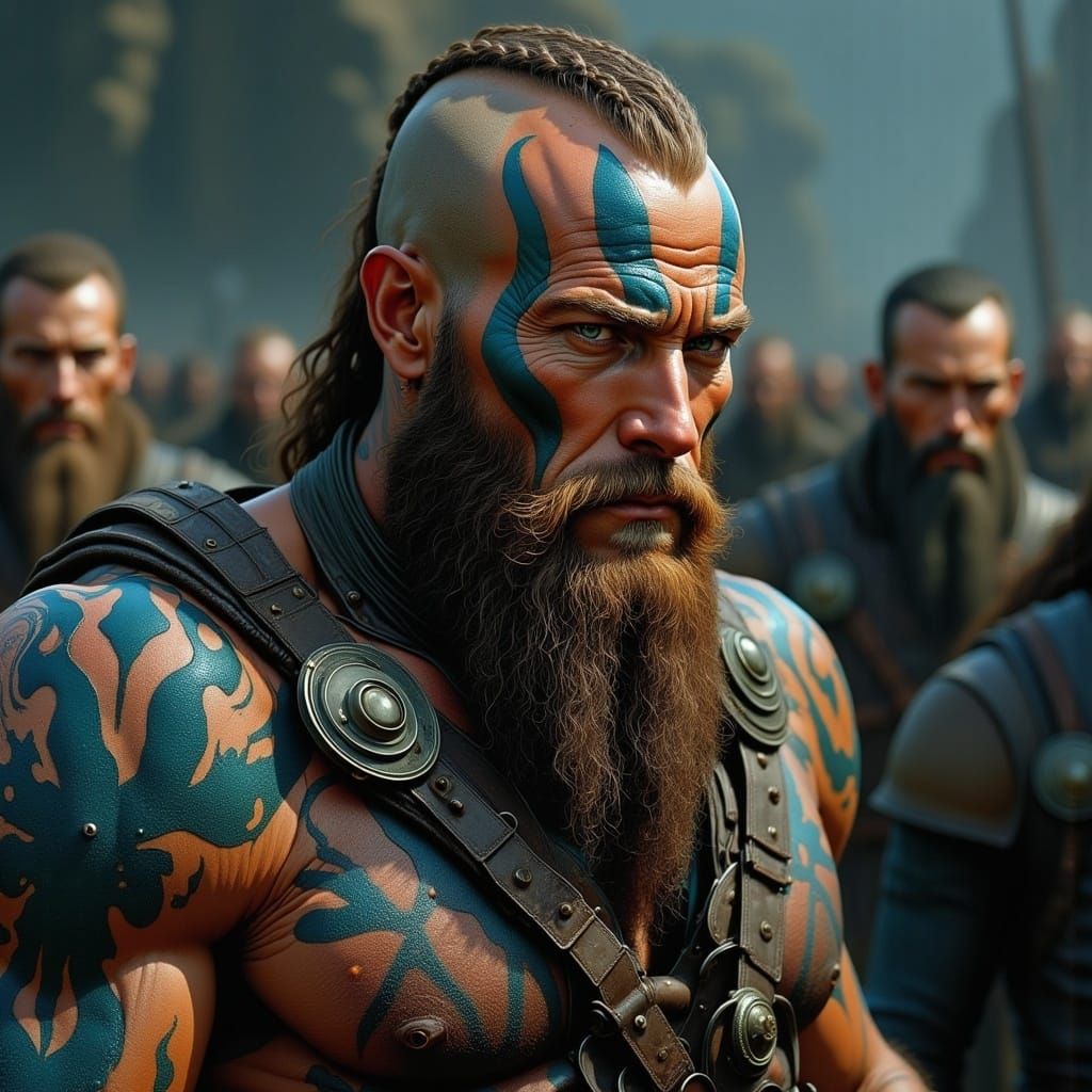  <lora:MObius Flux:1.0> Viking berserker with glowing rune tattoos and a braided beard, war paint