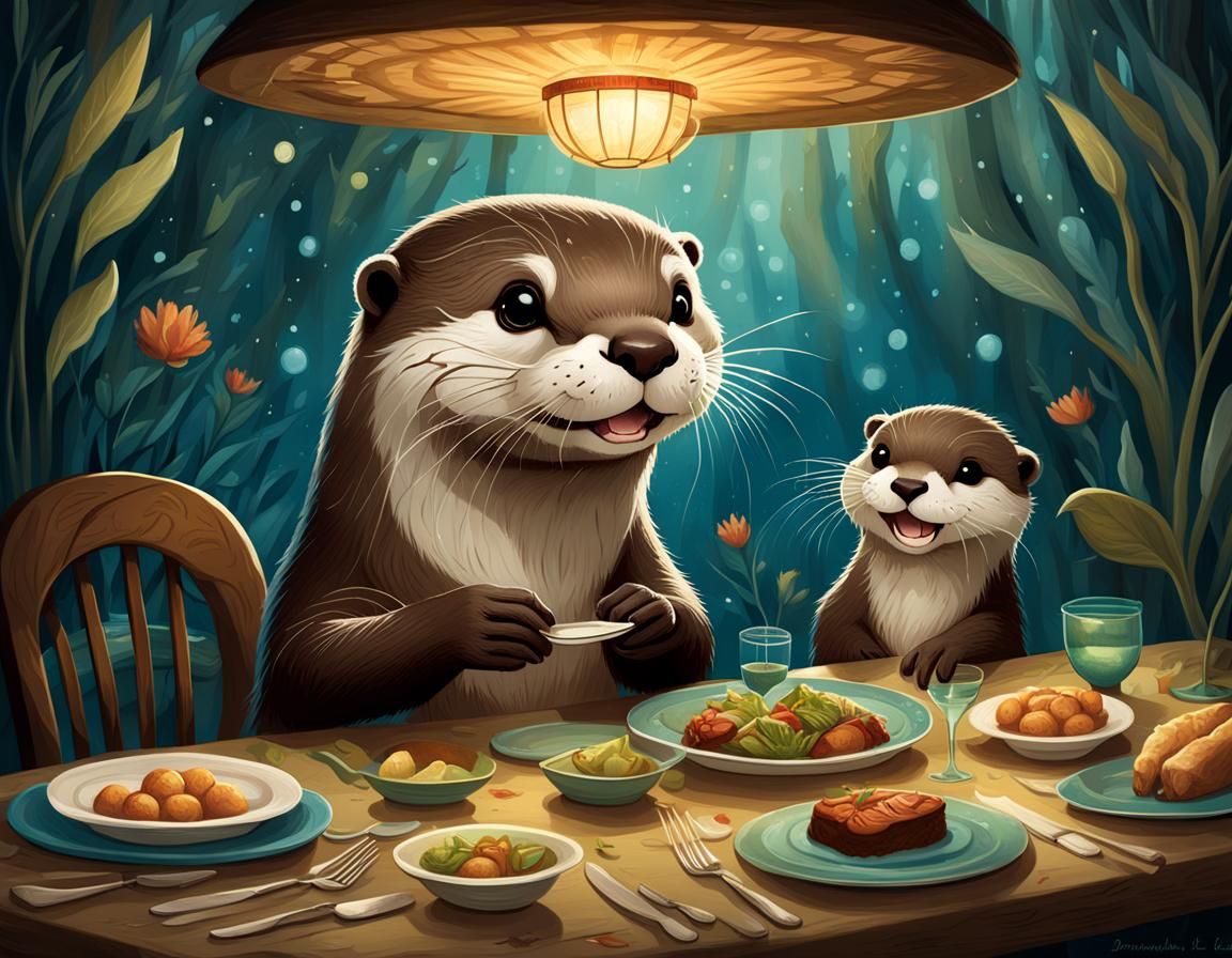 an adorable and beautiful otter, smiling, serving the table ...