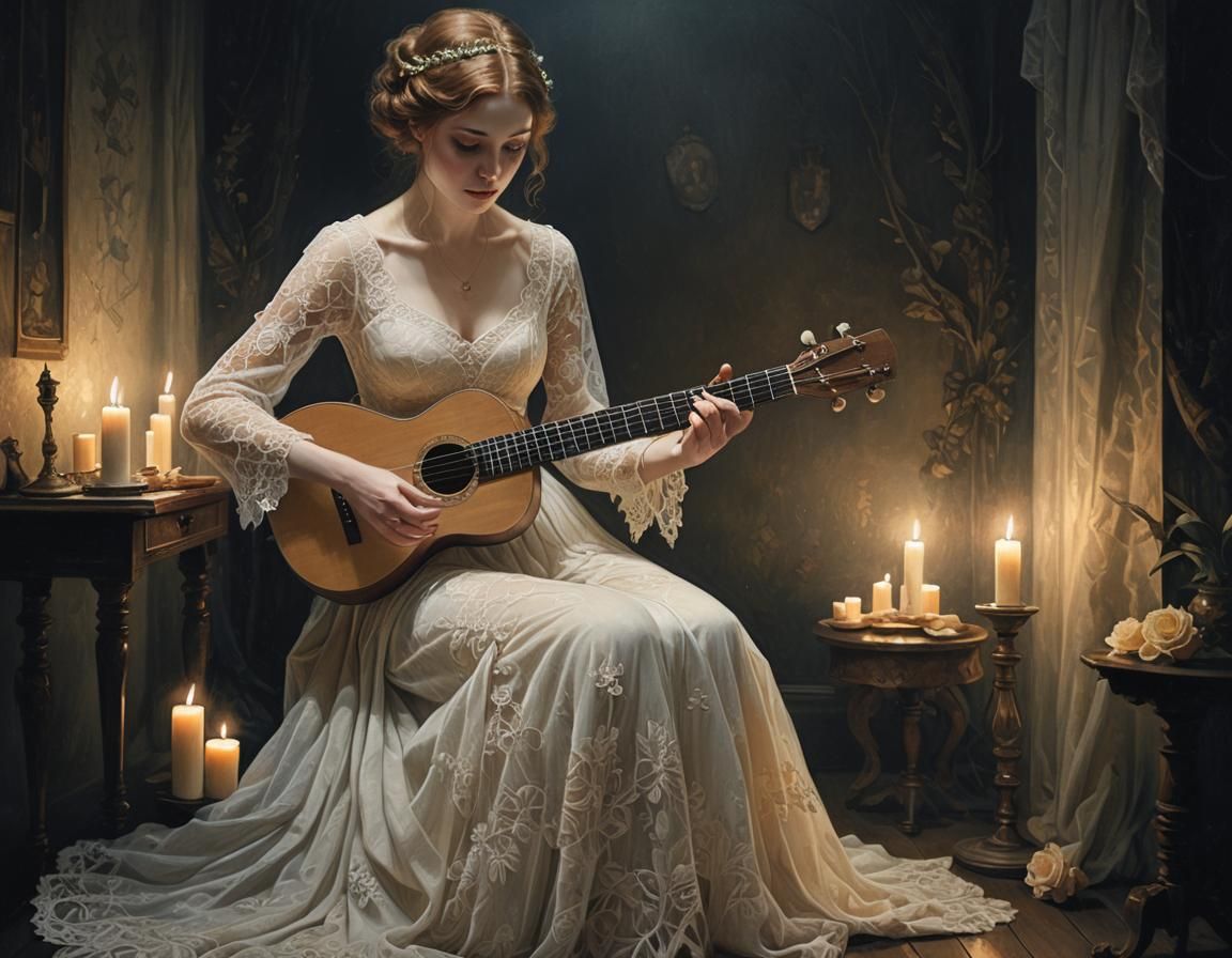 a young woman playing the ukulele in a dark room admist cand...
