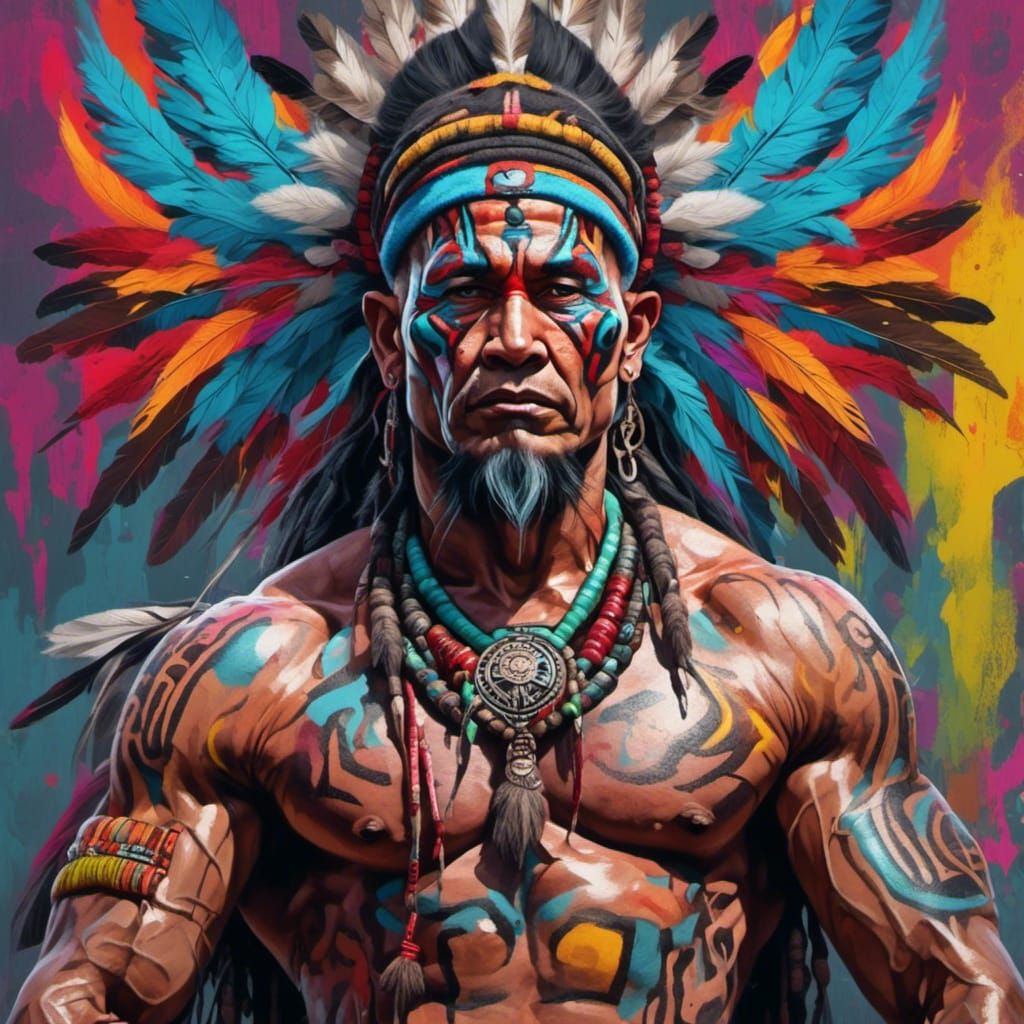 Hyperrealistic full body image Handsome Tribal Shaman muscles <lora:Neon Tattoo:1.0> 