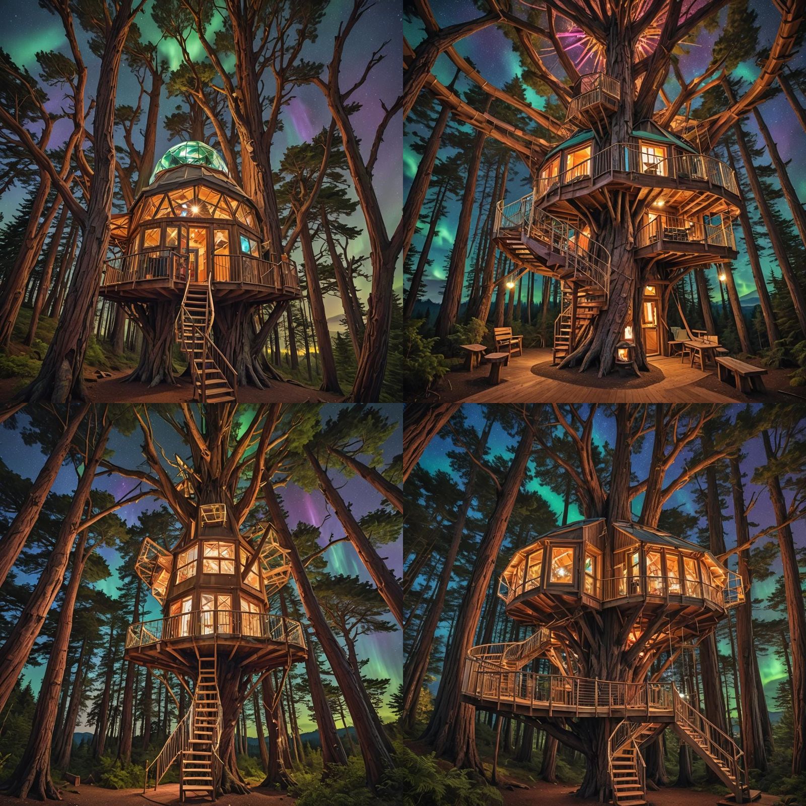 camping tent treehouse dome structure in a redwood tree, Hoberman sphere glamping Interior with balconies and winding st...