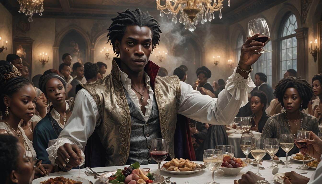 action shot, a porcelain sinister nubian male vampire at a d...