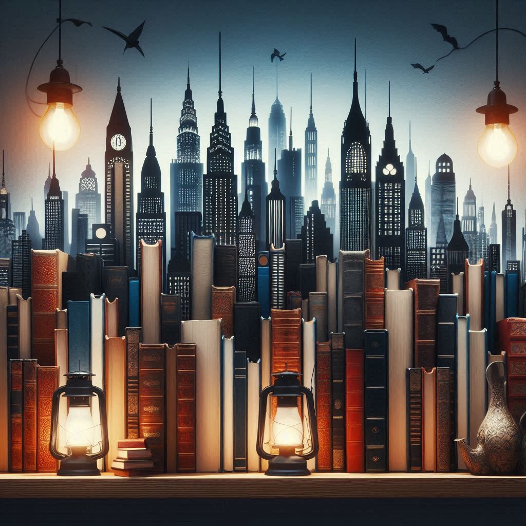 Skyline with books and lanterns