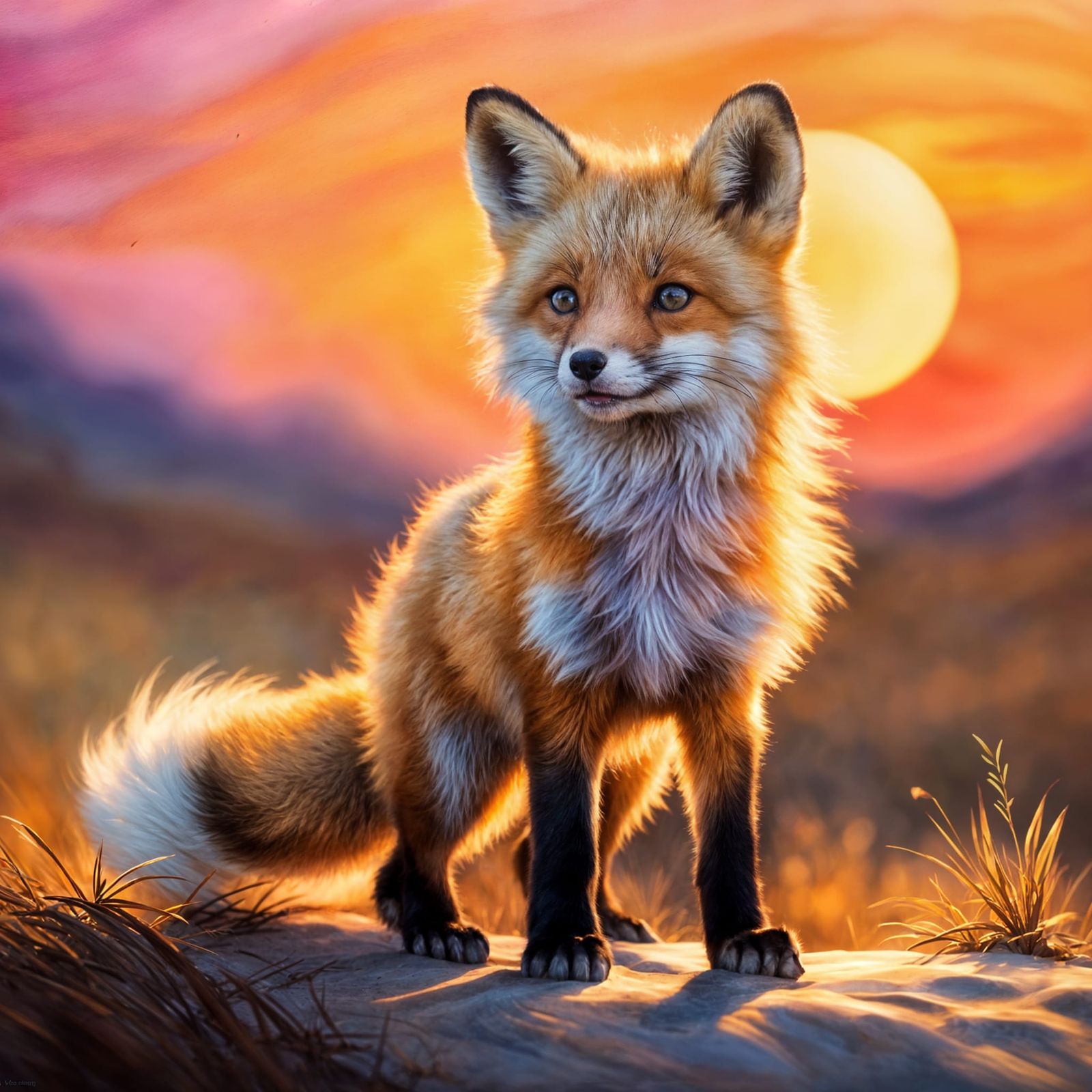 Fluffy Fox Cub Leaping at Golden Sunset in Painterly Style