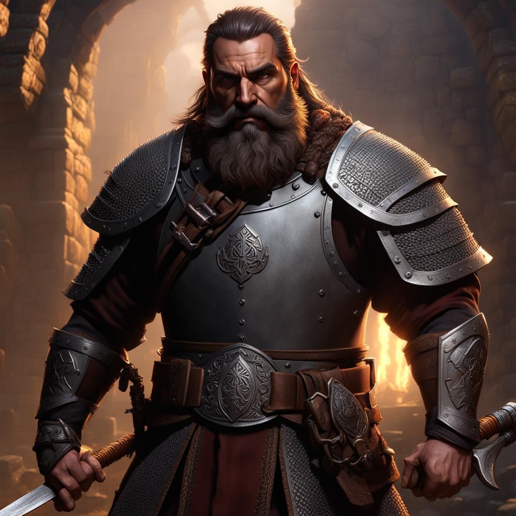 Male, Warrior, Dwarf, short and stout, Brown hair, braids in beard ...