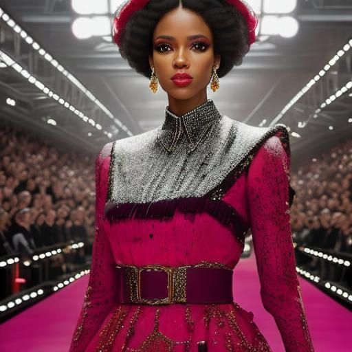 <lora:DS8 portrait:1.0>Photorealistic Portrait of a beautiful woman walking on the catwalk during a fashion show. Elaborate background. Desi...