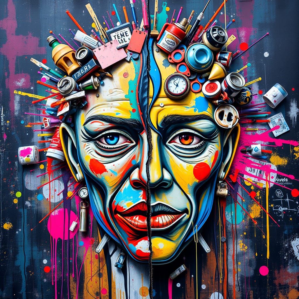 Vibrant Street Art Piece with Fractured Face