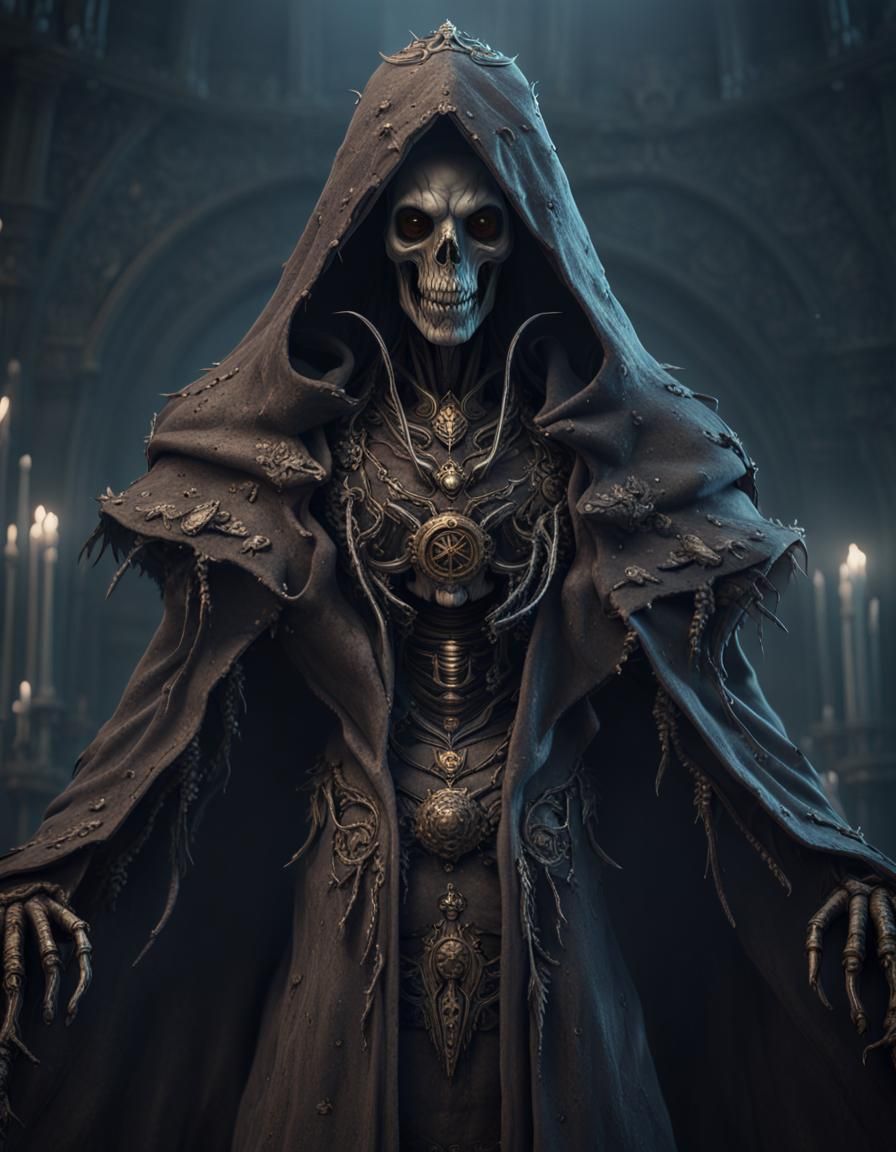 Male lich, 8K resolution, wearing hooded tattered cape, 64 m...