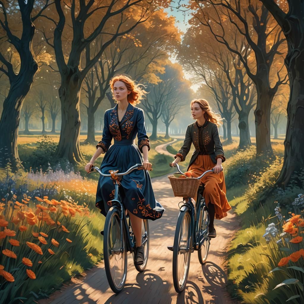 Woman Cycling in Dutch Landscape, Art Nouveau Style