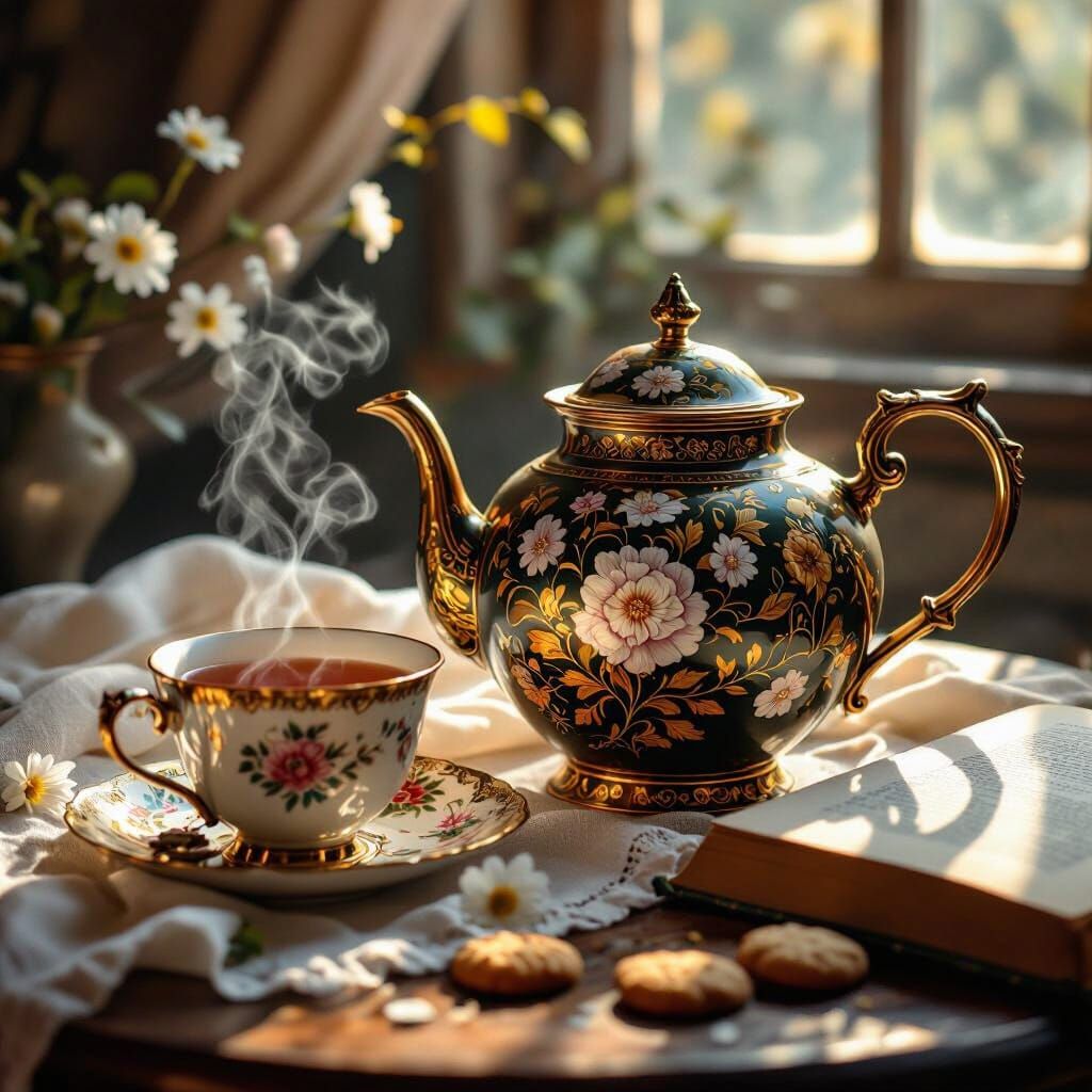 Ornate Antique Teapot Gleaming in Sunlight