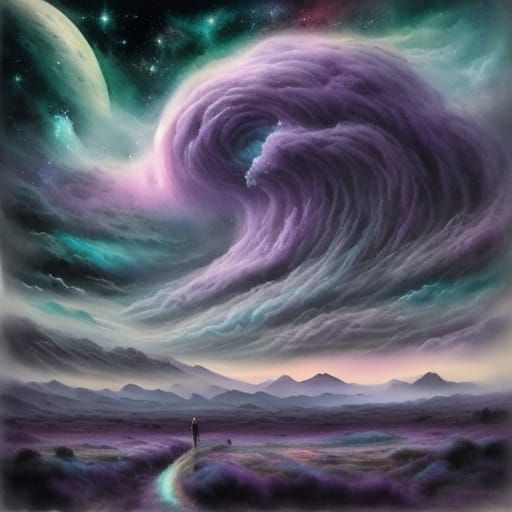 <lora:Watercolor Intensity:1.0> Watercolor dark purple, teal and pink cosmic landscape with hills, dark clouds, bright stars, ethereal water...