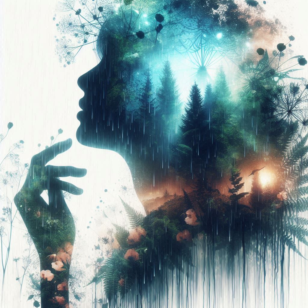 double exposure beautiful fantasy DALL-E 3 portrait landscape..