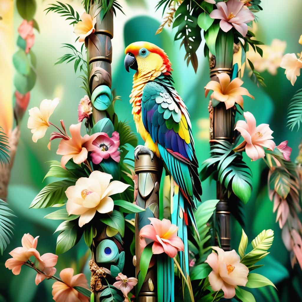 A pastel-colored parrot in the style of floral surrealism, r...